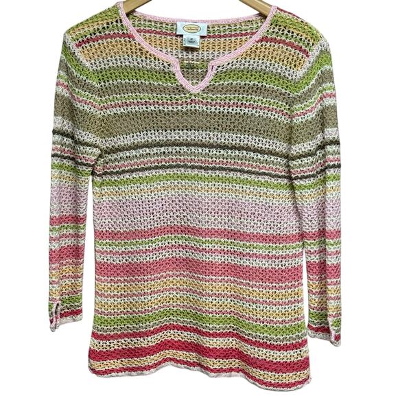 Talbots Open Stitch Crochet Silk Sweater Colorful Striped Pullover Size Medium - Picture 2 of 8